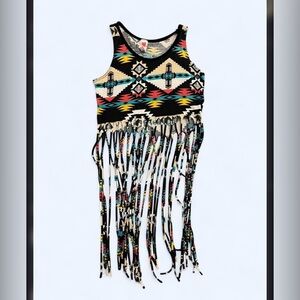 Vintage Made With Love Festival Western Pattern Top with Long Fringe Detailing